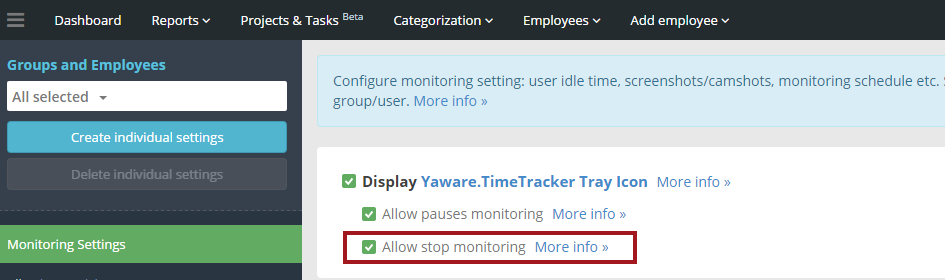Activate a Stop monitoring option for the employee