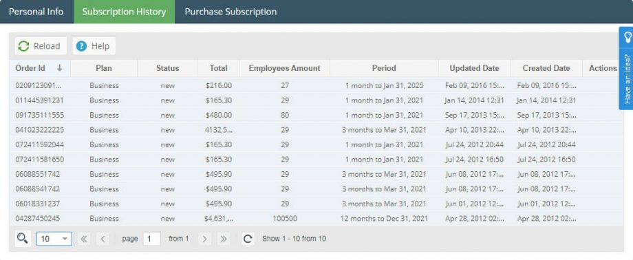 Subscription history window